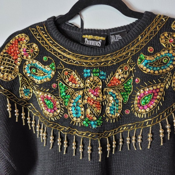 Vtg‎ 80s Trimmings Black Ramie Sweater with Gold Sequin Embellished Glam Medium - Picture 7 of 8